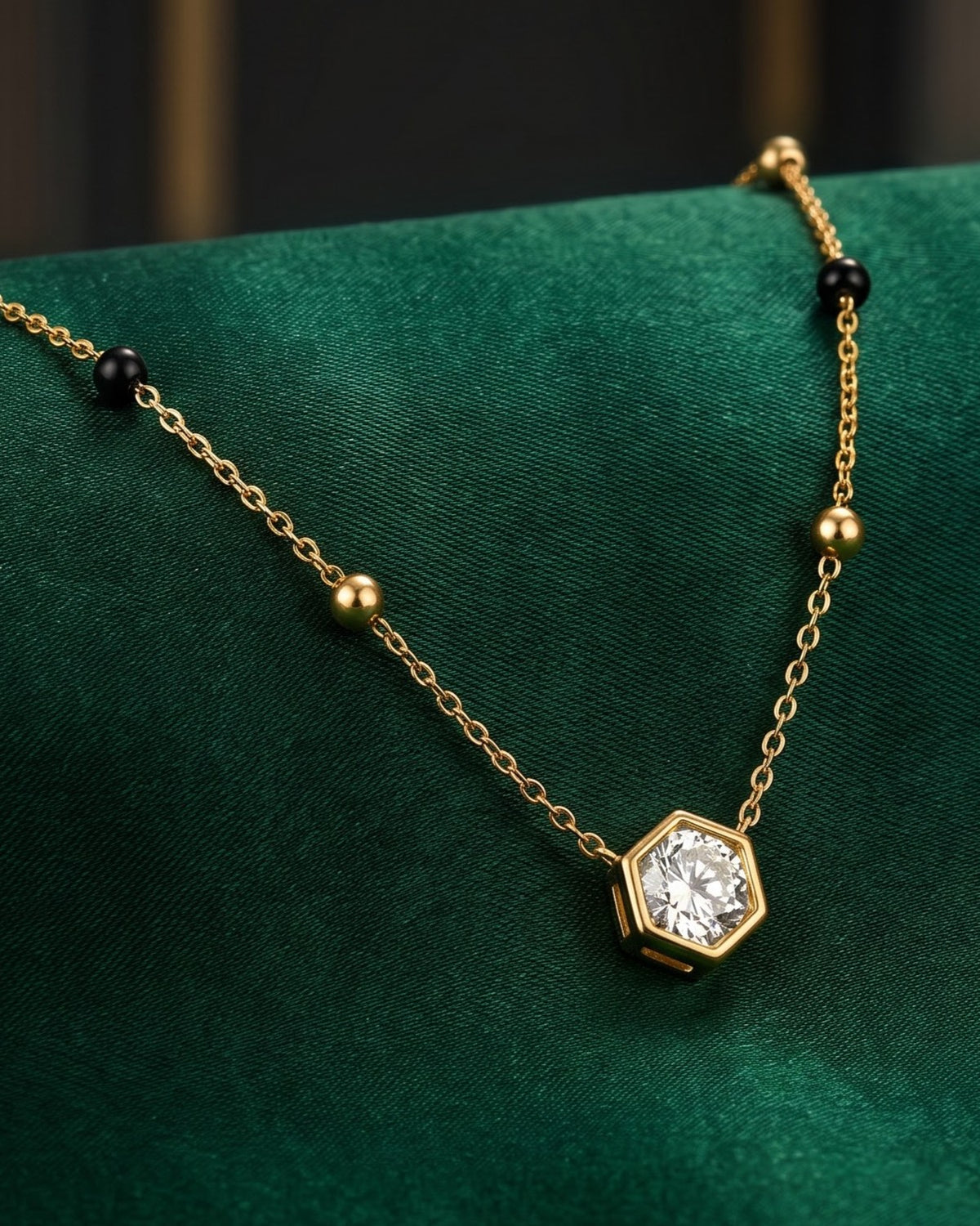 Close-up detail of the Solvexa Hexagon Mangalsutra a bezel-set hexagon cubic zirconia solitaire