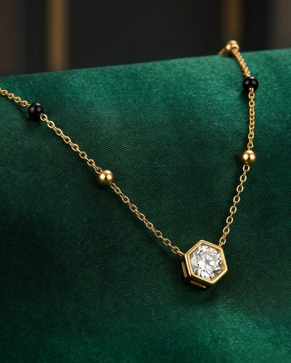 Close-up detail of the Solvexa Hexagon Mangalsutra a bezel-set hexagon cubic zirconia solitaire