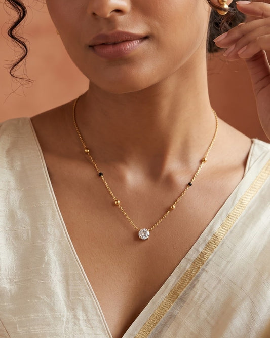 Solyma Round Solitaire Mangalsutra styled shot showing the full chain length