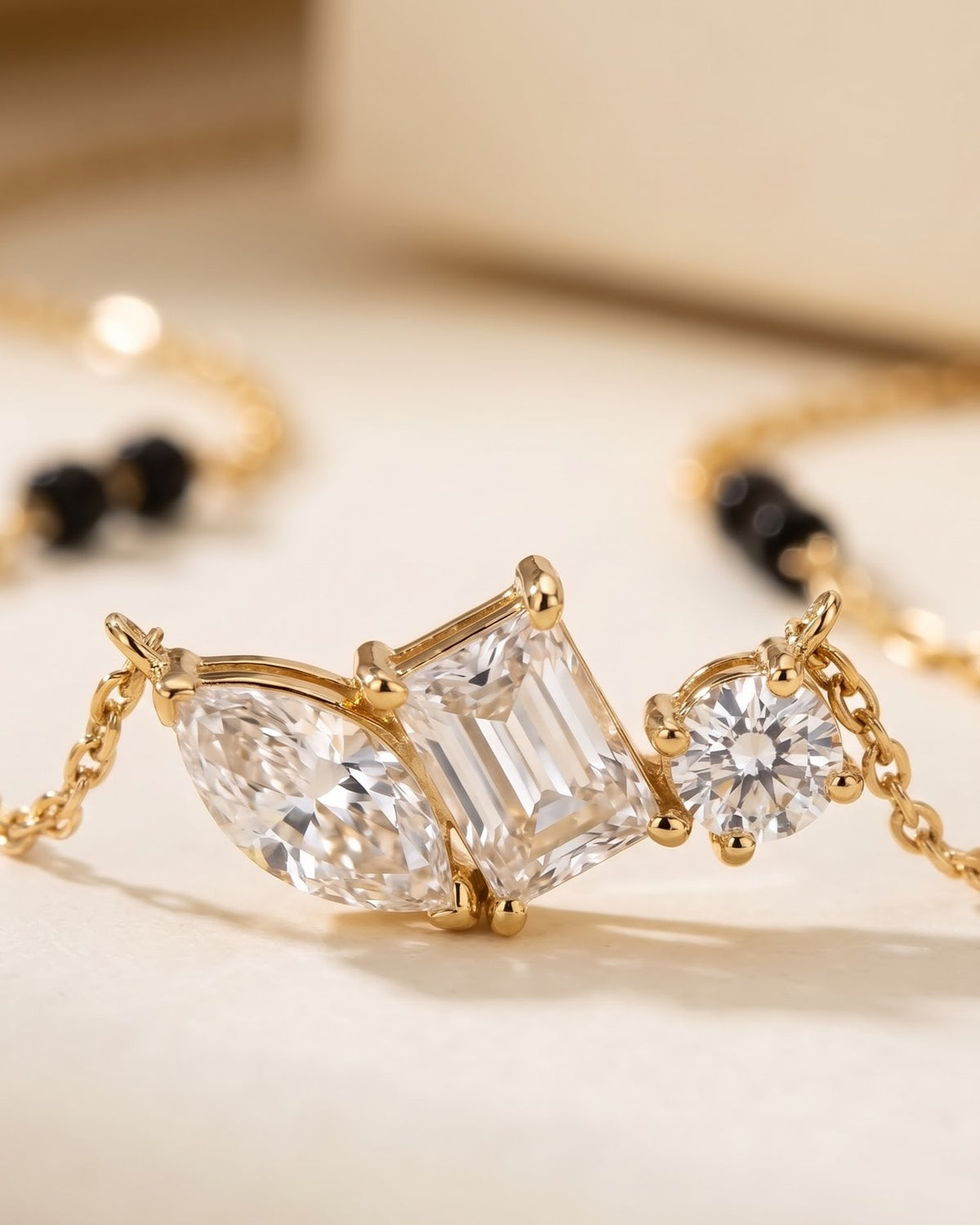 Cinematic close-up of the Solyra Stone Trio Mangalsutra chain and a marquise, princess-cut and round cubic zirconia trio