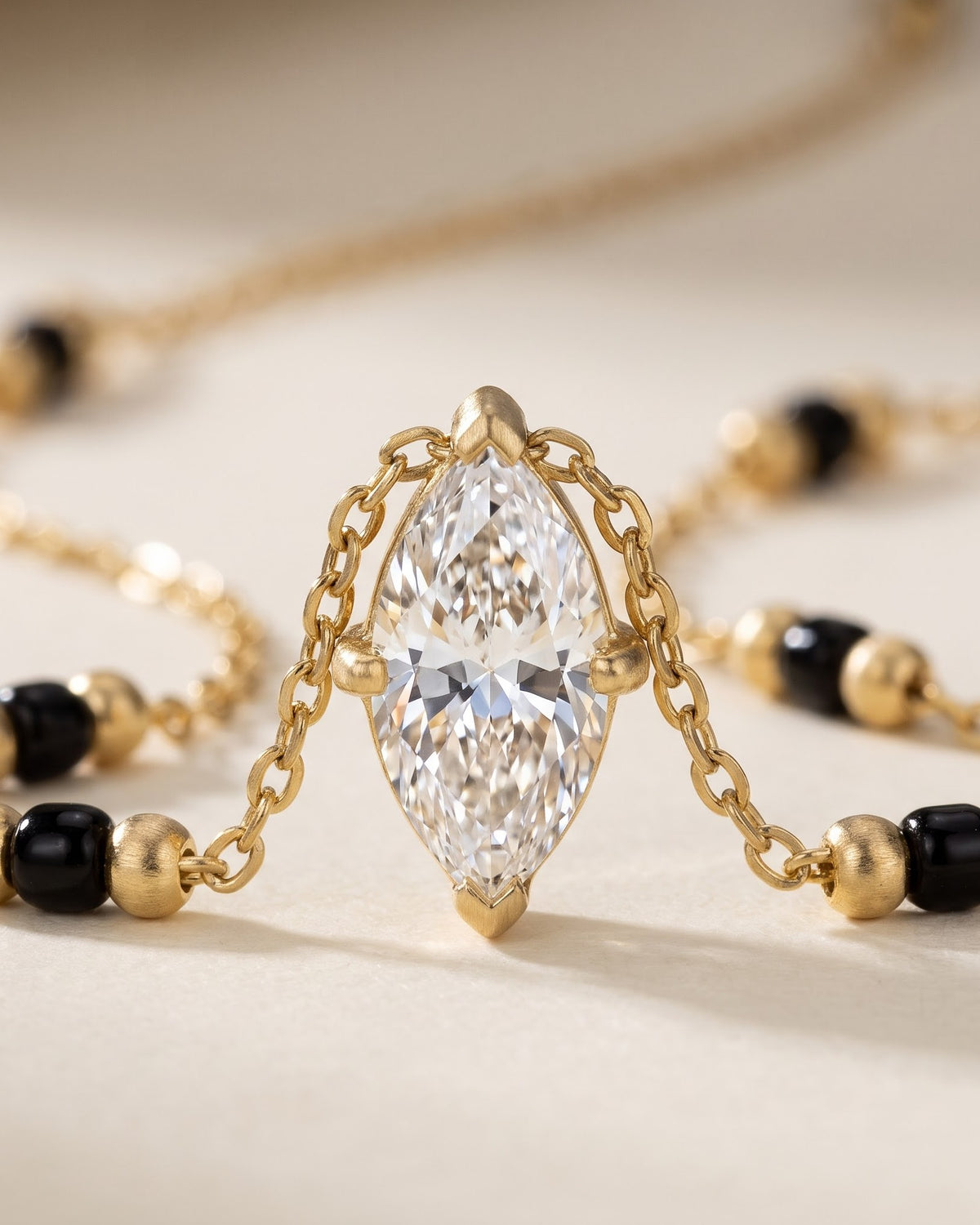 Cinematic close-up of the Solvena Marquise Solitaire Mangalsutra chain and a marquise-cut cubic zirconia solitaire