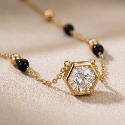 Cinematic close-up of the Solvexa Hexagon Mangalsutra chain and a bezel-set hexagon cubic zirconia solitaire