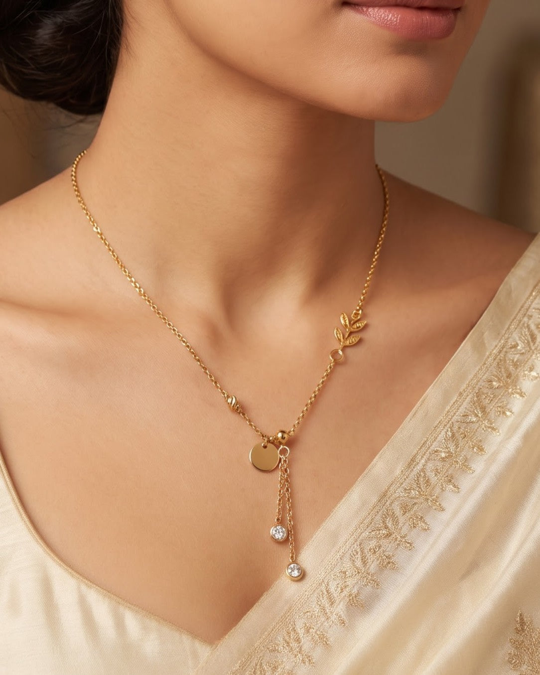 Solkona Leaf Drop Lariat Necklace – Model/Worn Shot