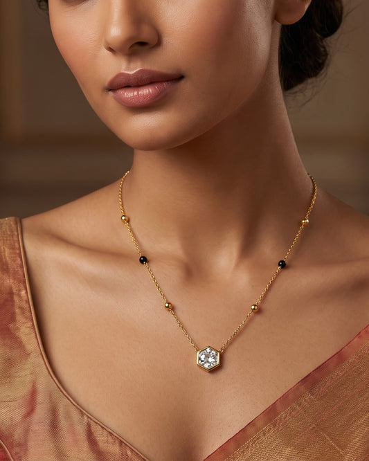 Solvexa Hexagon Mangalsutra styled shot showing the full chain length