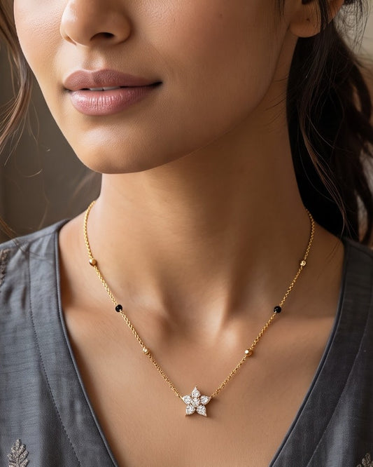 Solmira Petal Bloom Mangalsutra styled shot showing the full chain length