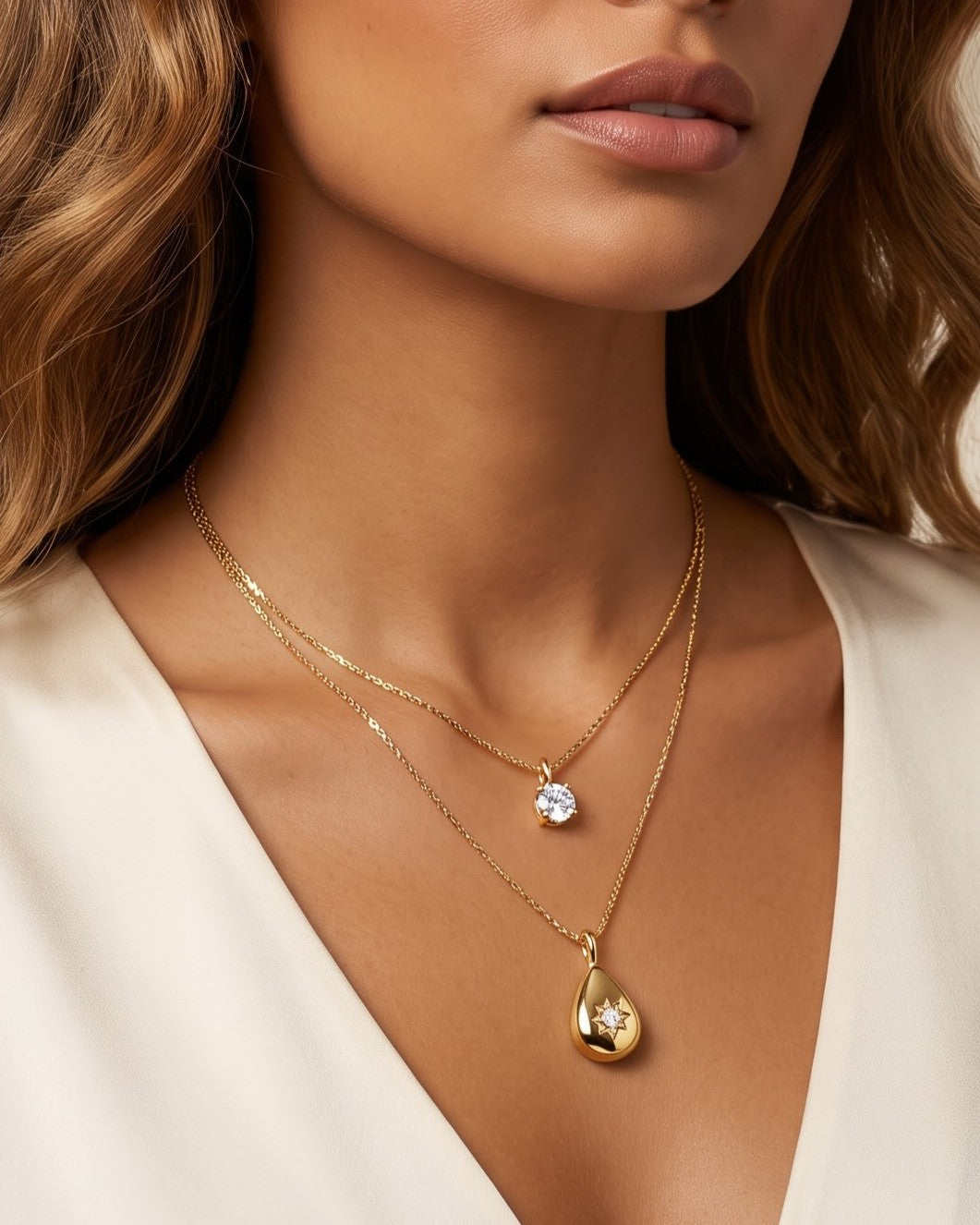Solvyra Layered Teardrop Pendant Necklace - Worn shot