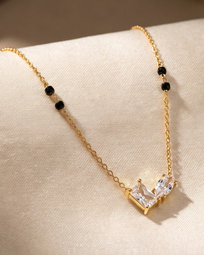 Close-up detail of the Solvana Baguette Duo Mangalsutra a baguette and oval cubic zirconia duo