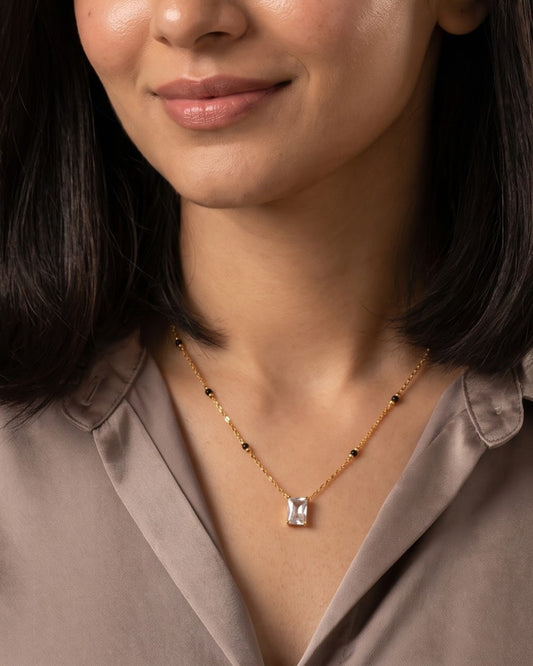 Solreya Baguette Solitaire Mangalsutra styled shot showing the full chain length
