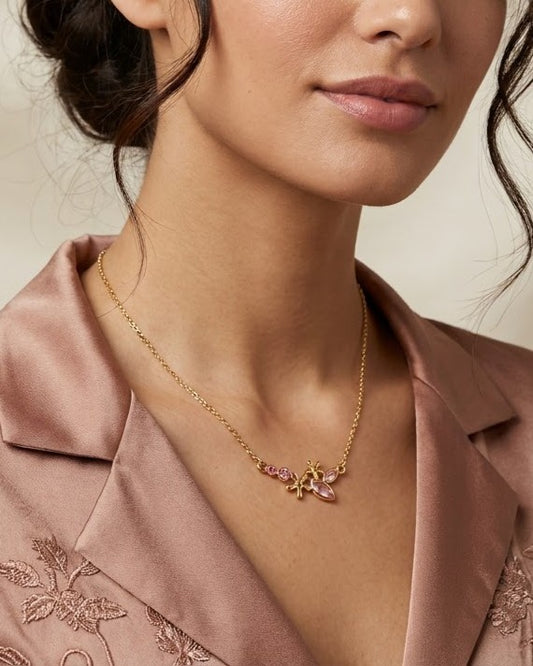 Solteya Pink Blossom Pendant Necklace — worn on model