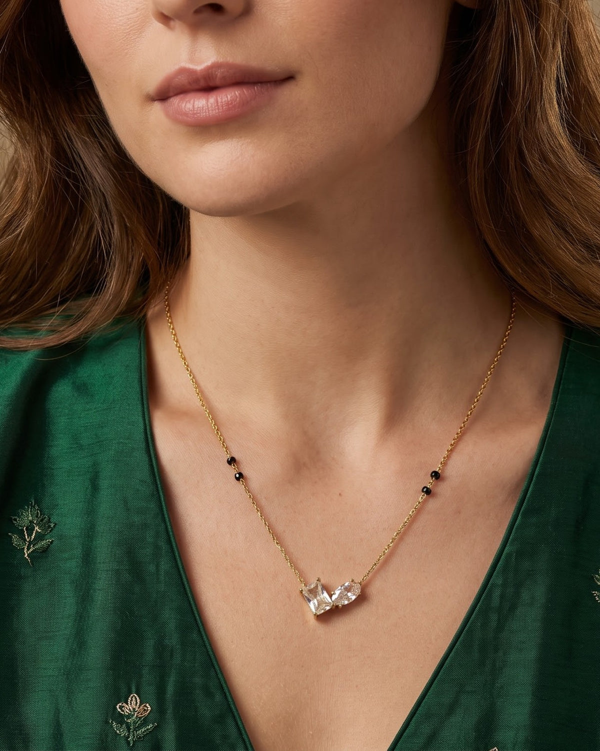 Solvana Baguette Duo Mangalsutra styled shot showing the full chain length