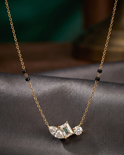 Close-up detail of the Solyra Stone Trio Mangalsutra a marquise, princess-cut and round cubic zirconia trio