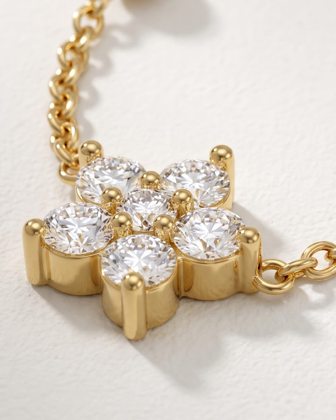 Cinematic close-up of the Solmira Petal Bloom Mangalsutra chain and a five-petal round cubic zirconia flower