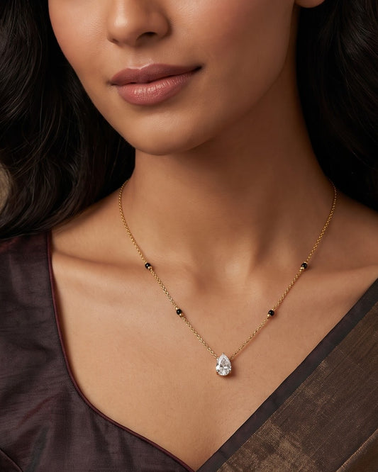 Solveth Drop Solitaire Mangalsutra styled shot showing the full chain length